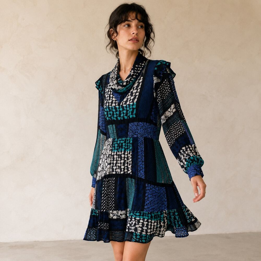Derek Lam 10 Crosby Blue Silk Patchwork Cowl Neck Ruffle Hem Boho Dress Size 6
